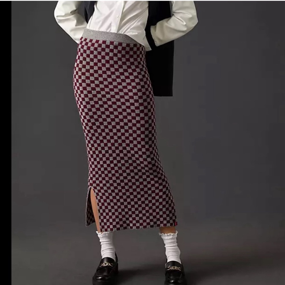 ANTHROPOLOGIE KULE Knit The Tawny SZ S Checkered Lambswool Cashmere Midi Skirt